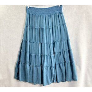 LUCKY COCO Women Full Skirt Tiered Elastic Waist Lined Sz L Teal Cottage 48-1